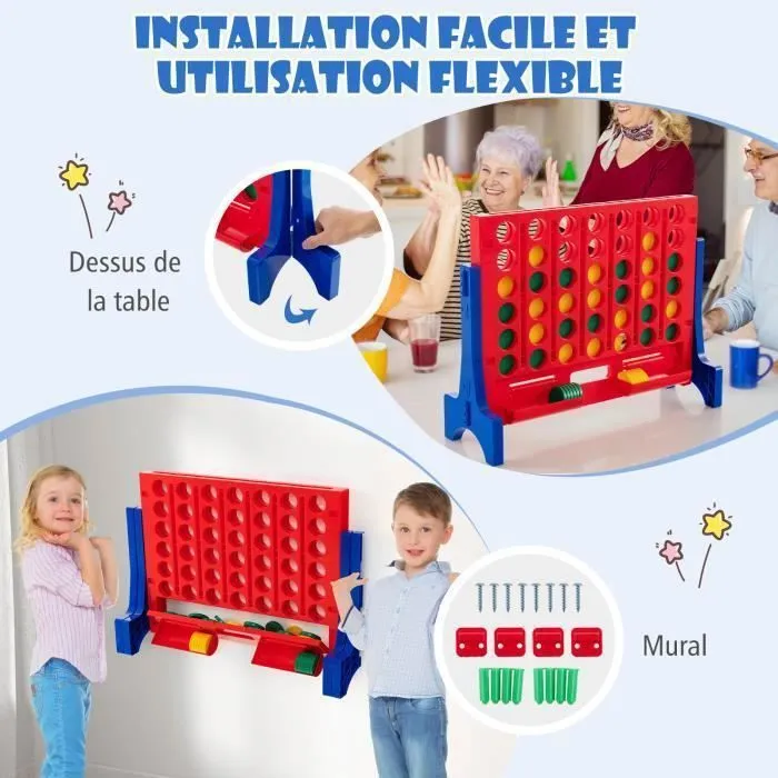 Jeu Géant 4-en-ligne XL COSTWAY-Sac de Transport-42 Anneaux-Jeu de Table ou Mural-Plastique-Jeu de Société Familles Extérieur-Rouge-1