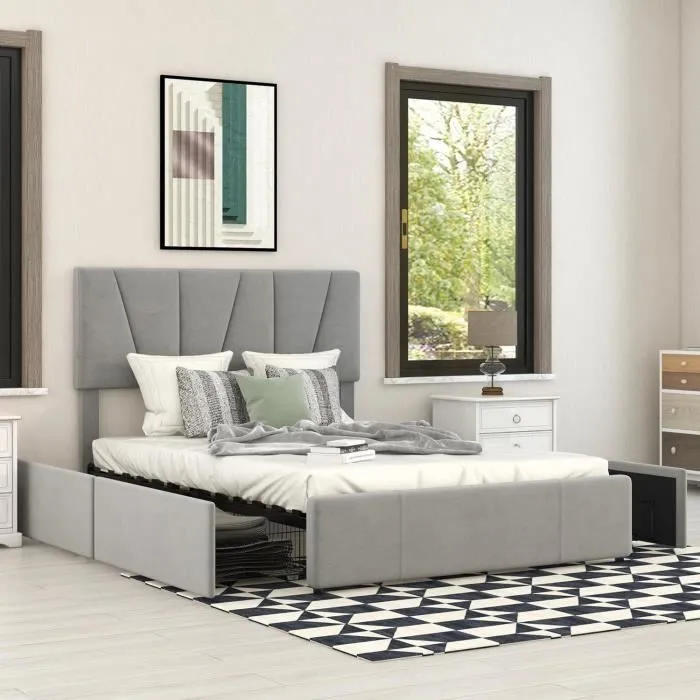 Lit double scandinave 140x200 cm avec 4 tiroirs, Lit capitonné en velours, Tête de lit réglable, Gris-0