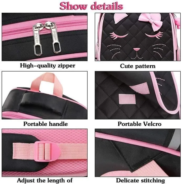 Cartable Fille Primaire, Sac à Dos Scolaire pour Enfants (Chat Noir)-2