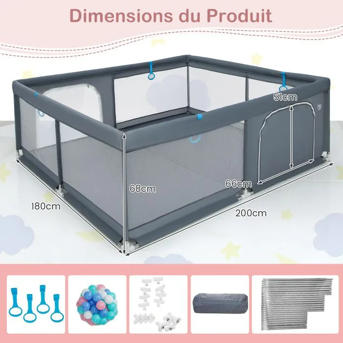 Parc Bébé 200 x 180 cm COSTWAY-50 Boules-Maille Douce Respirante-2 Porte à Glissière-Base Antidérapante-4 Anneaux de Traction-Gris-5