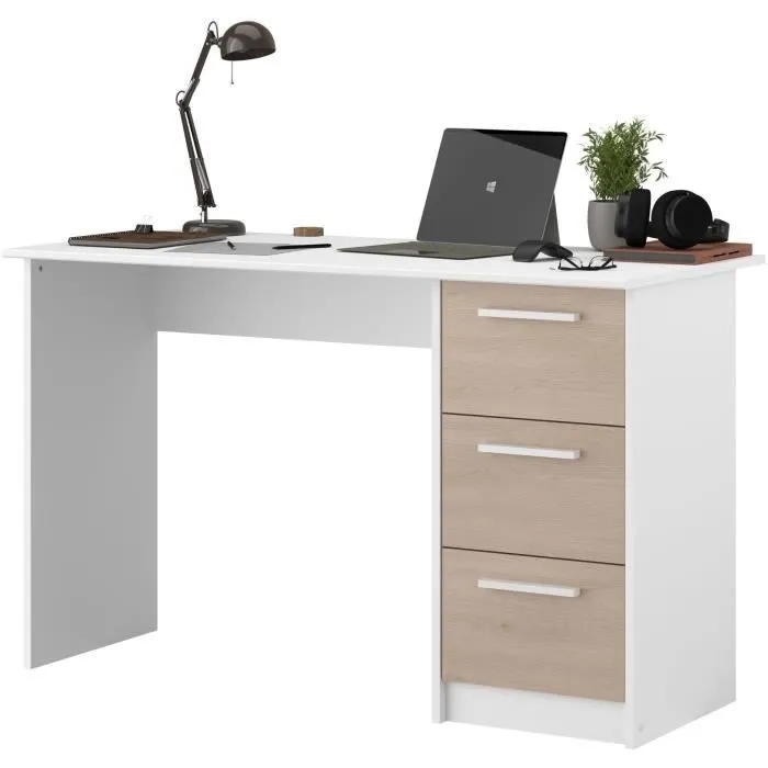 Bureau droit ESSENTIEL - 3 tiroirs - Décor chêne et blanc - L 121,2 x P 55 x H 74,5 cm - PARISOT-0