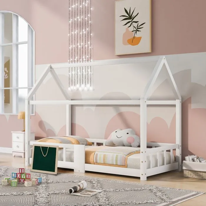 Lit cabane enfant 90x200 cm avec grille de protection + un tableau noir, en bois massif blanc-2