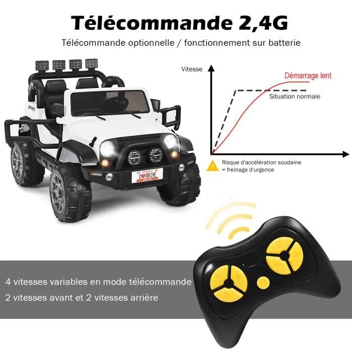 COSTWAY Voiture 4x4 Électrique 12V pour Enfants 3+ Ans, 2 Places, Télécommande 2.4G, Lumières LED et Musique,Blanc-2