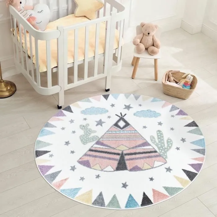 Tapis enfant rond TIPI Multicolore - IMAGINE - 120x120cm - Matières haute gamme-1