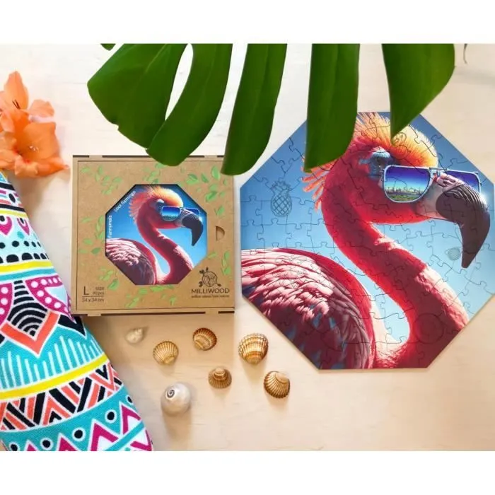 Puzzle en bois pour Enfants - MILLIWOOD - Série Funnymals - Flamant cool - 90 éléments-1