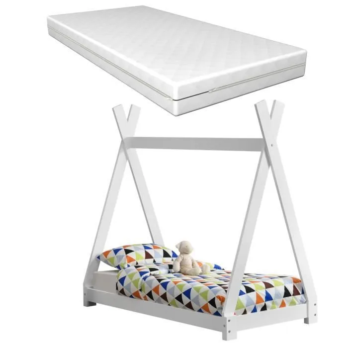 Lit Tipi pour Enfants avec Matelas Orthopédique Onejda Blanc 70 x 140 cm [en.casa]-0
