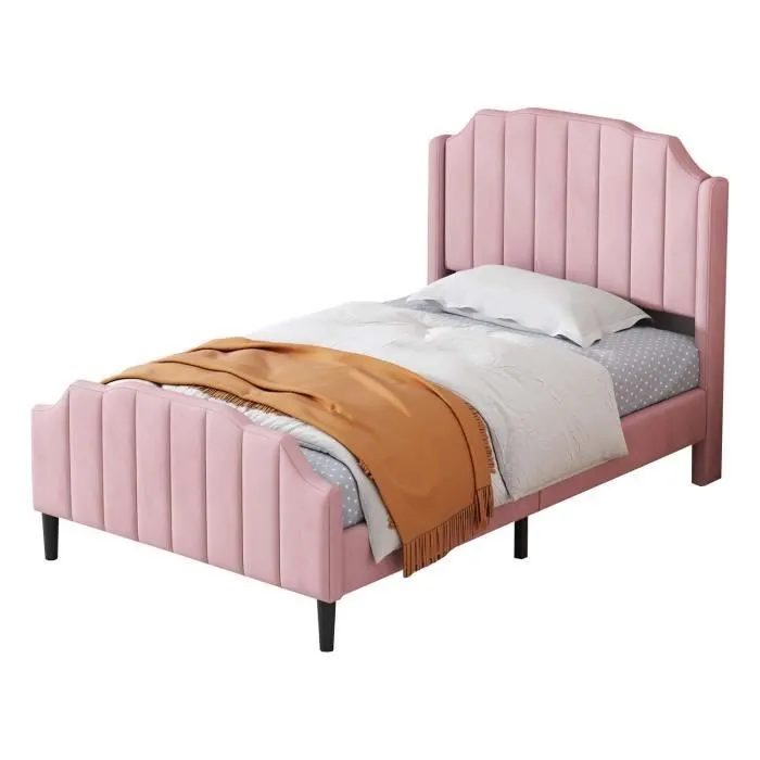 ModernLuxe Lit enfant 90x200cm - lit simple avec sommier à lattes - tissu en velours - rose-1