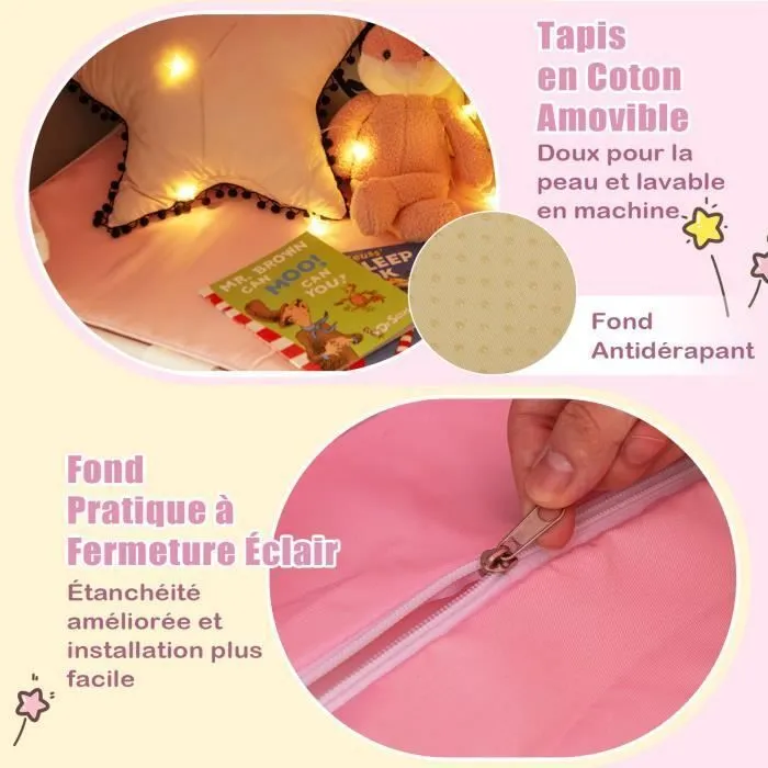 Tente de Jeux pour 4 Enfants COSTWAY-Tapis en Coton Amovible et Lavable-Lumières Étoiles- Fenêtre et Rideau-105 x 121 x 136 cm-Rose-2