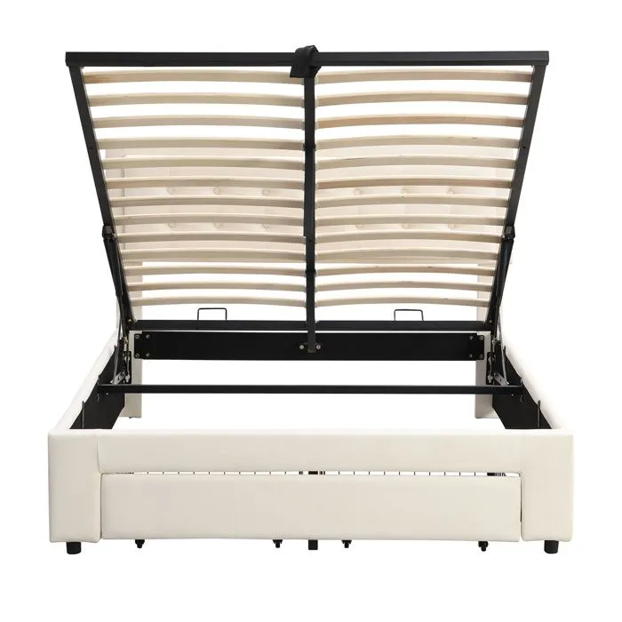 Lit coffre 140×190 cm,Lit rembourré avec sommier à lattes et tête de lit, lit double,beige-5