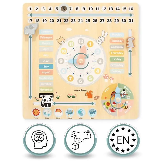 Calendrier en Bois Horloge Enfant Ludique Mamabrum - Apprendre Mois, Jours, Saisons & Temps en Anglais - Jouet en bois-5