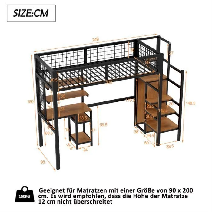 Lit mezzanine - Enfant - 90x200cm - Noir - Échelle de sécurité - Bureau intégré-3