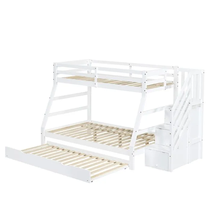 Lit superposé avec lit pliant, lit bébé avec armoire échelle et main courante, blanc, 90x190CM lit pliant, 90/120x200CM-0