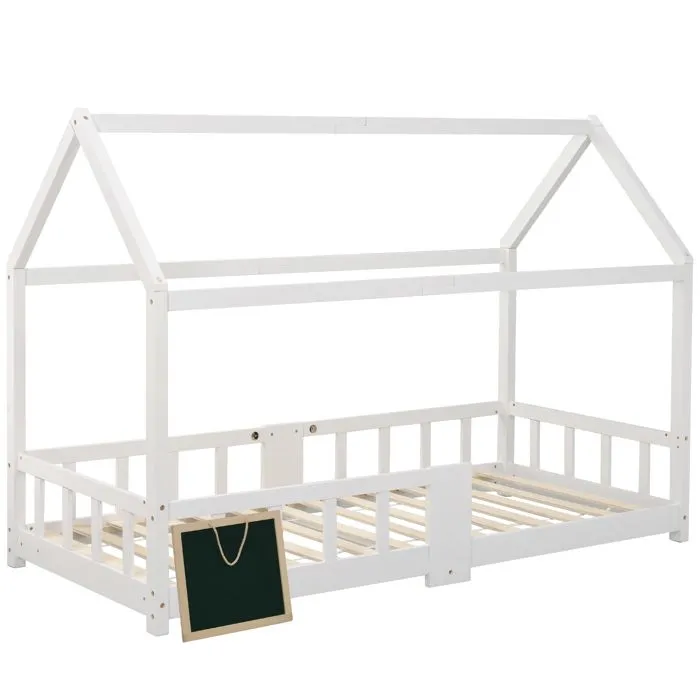 Lit cabane enfant 90x200 cm avec grille de protection + un tableau noir, en bois massif blanc-1