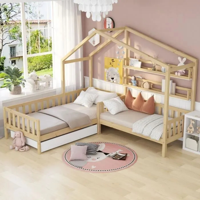 Lit cabane enfant - Bois massif - 90x200cm et 140x70cm - Avec barrière de protection et rangement - Naturel-1