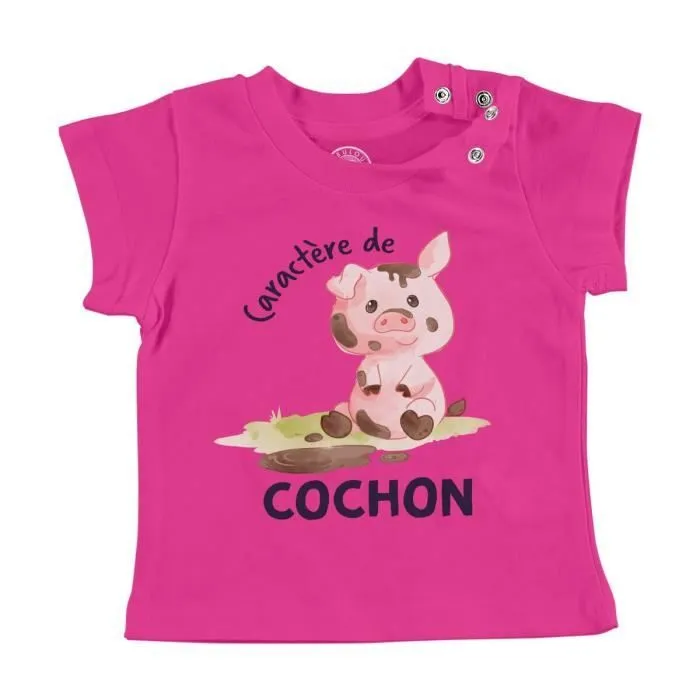 T-shirt Bébé Manche Courte Rose Caractère de Cochon Humour Expression-0
