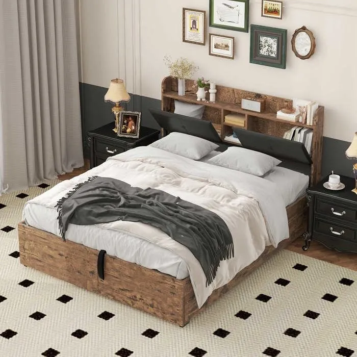 Lit coffre - Naturel foncé & Noir - 140x200 cm - Tiroirs avec roulettes - Tête de rangement-2