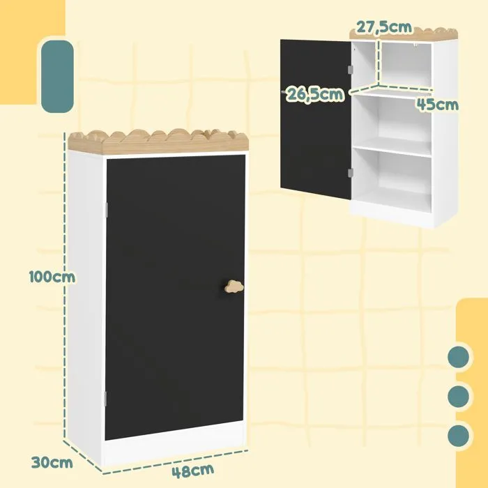 Meuble rangement enfant AIYAPLAY rangement jouet enfant avec porte en tableau noir, 3 casiers et plateau supérieur, blanc-3
