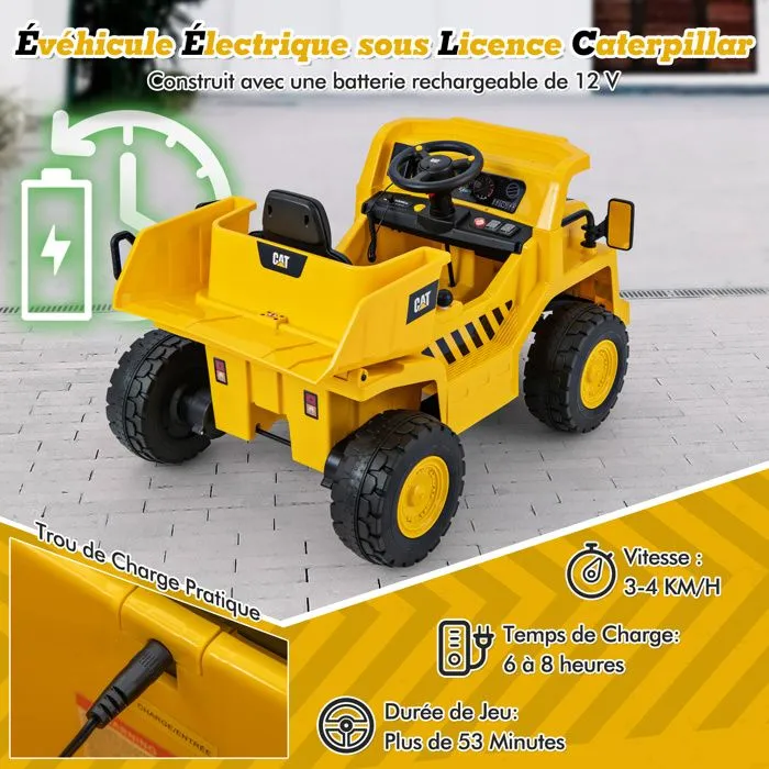 COSTWAY Caterpillar 12V Voiture Électrique pour Enfants, avec Remorque, Télécommande 2,4G, LED, Musique, Klaxon, USB et Bluetooth-3