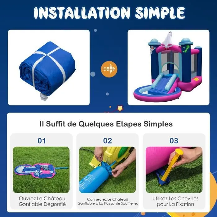 COSTWAY Toboggan Aquatique Gonflable Thème de l'Espace avec Piscine à Eclaboussures,Toboggan Sac de Transport,Piquets sans Gonfleur-2