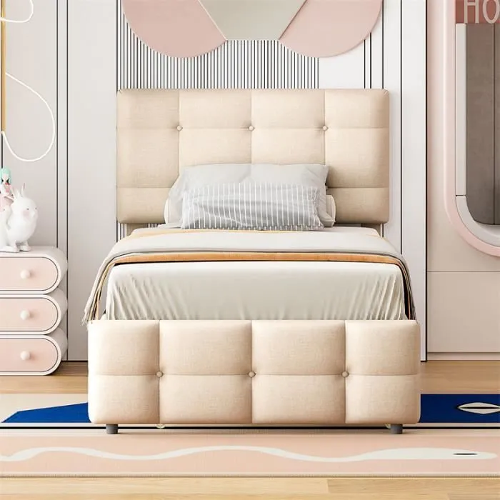 Lit gigogne - Enfant - Beige - 90x200cm + 90x190cm - Tête de lit réglable - Lit extensible en lin-1