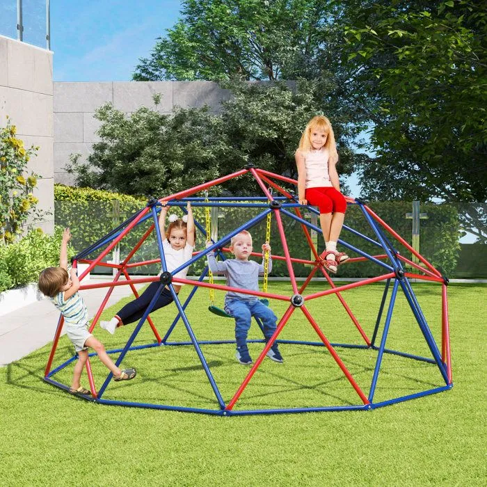 COSTWAY Dome Escalade Exterieur 305 CM avec Balancoire Charge 363 KG Structure en Metal pour Enfants de 3 - 12Ans Rouge-0