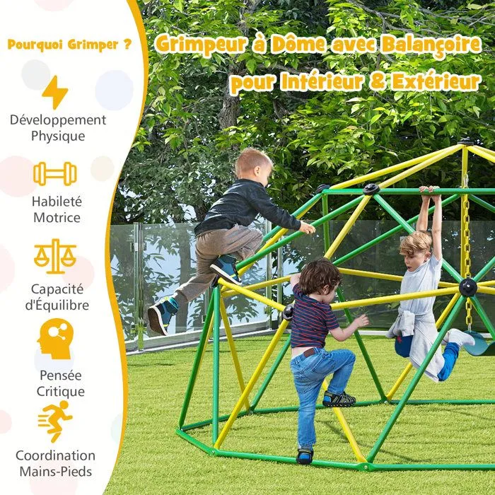 COSTWAY Dome Escalade Exterieur 305 CM avec Balancoire Charge 363 KG Structure en Metal pour Enfants de 3 - 12Ans Vert-5