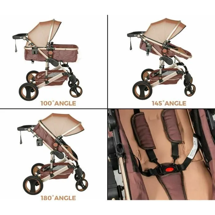 Poussette Bébé Combinée Trio Pack 3 en 1 Gris Chassis Haut a Absorption de Chocs Pliable Siege Auto Réversible Roues Increvables-1