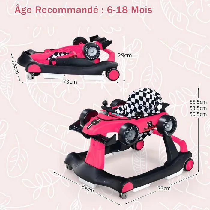 COSTWAY Trotteur Bébé Pliable Musical 4 en 1 Apparence de Voiture Pousseur Hauteur et Vitesse Réglables Lumière Volant Rose Rouge-5