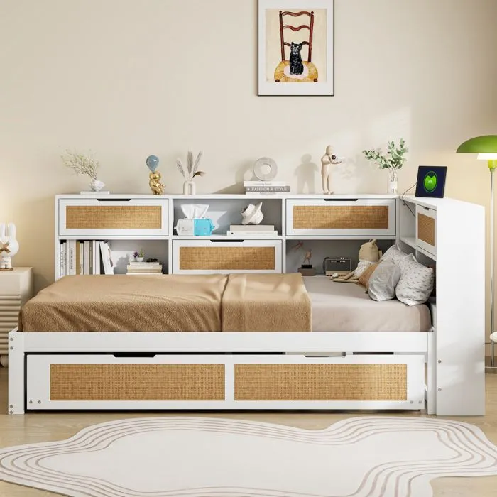 Lit gigogne - Canapé-lit - 140x200cm + 90x190cm - Bois massif - Blanc - Rangement intégré-1
