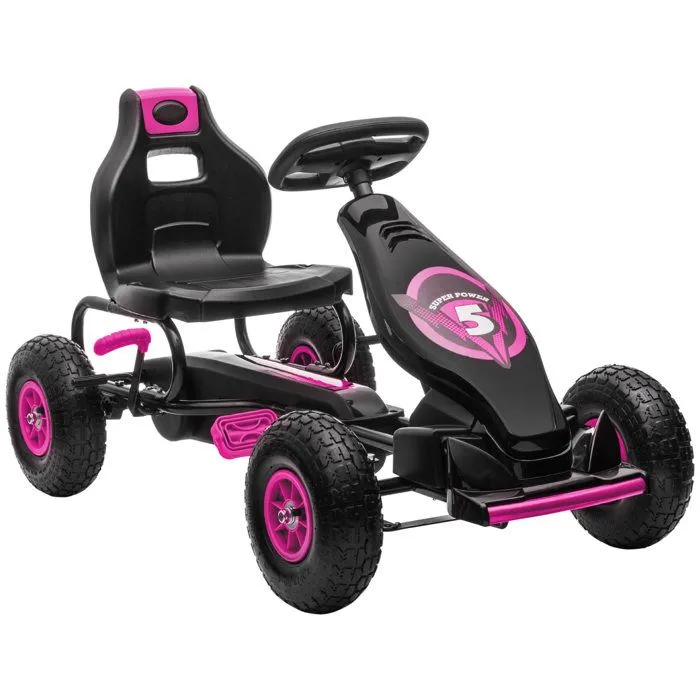 Kart à pédales pour enfant HOMCOM Go-kart siège réglable 3 positions frein à main pneus antidérapant enfant de 5 à 12 ans rose noir-0