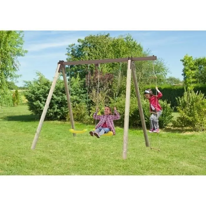 Portique bois et métal - 1,90m - 2 balançoires et 1 échelle - PIKI TRIGANO-2