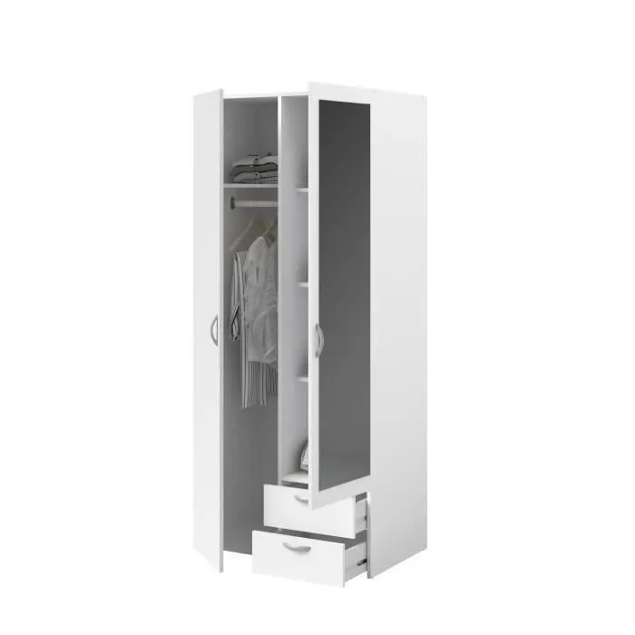 Armoire VARIA - Décor blanc - 2 portes battantes + 1 miroir + 2 tiroirs - L 81 x H 185 x P 51 cm - PARISOT-4