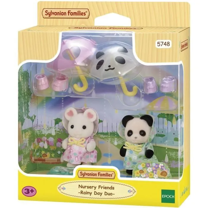 Figurines Articulées - SYLVANIAN FAMILIES - Duo Bébés en Habits de Pluie - Panda et Souris Marshmallow-0