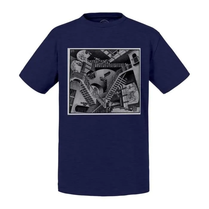 T-shirt Enfant Bleu Relativity Escaliers Escher Dessin Litographie Art Moderne Illusion-0