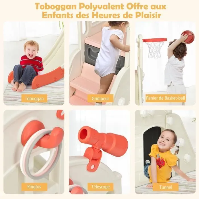 COSTWAY Toboggan pour Enfant 6 en 1 - Glisse de 140 CM, 3-8 Ans Toboggan Intérieure & Extérieure Rose-1