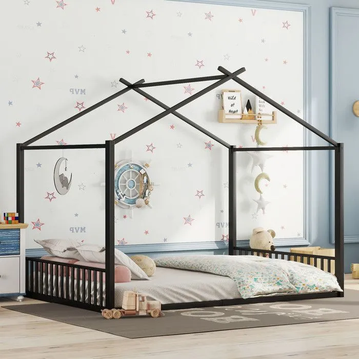Lit enfant - lit cabane - 140x200cm - Métal noir - Sommier à lattes inclus - 1 place-3