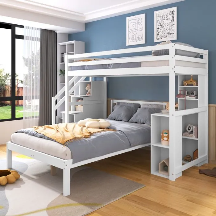 Lit superposé enfant - Blanc - 90x200 cm + 120x200 cm - Bois massif et MDF - Bureau et rangement-4