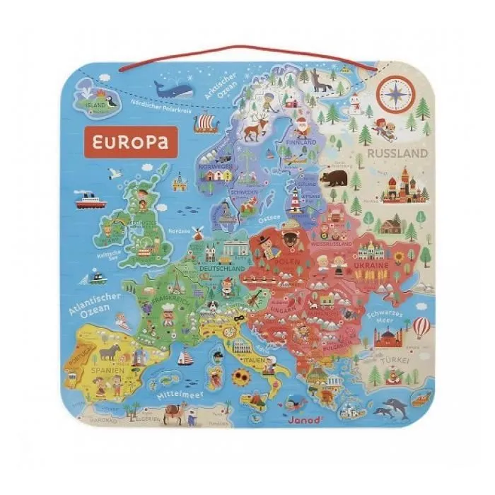 Puzzle carte d'Europe magnétique Janod - Enfant 7 ans et plus - 40 magnets en bois - Illustré - Bleu-0