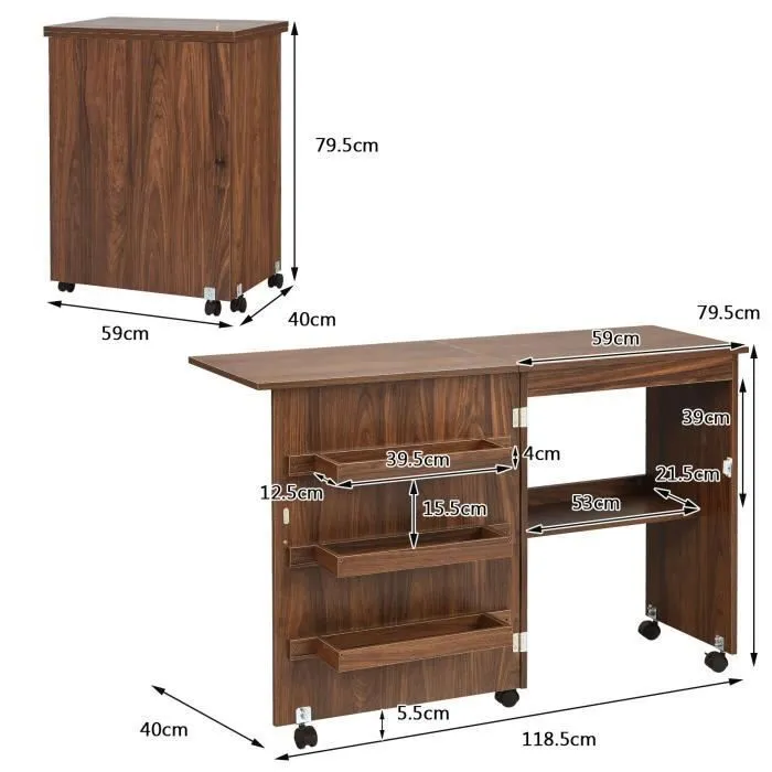 COSTWAY Table de Bureau Couture Pliante -3 Bacs et 1 Etagère de Rangement - Roulettes Verrouillables pour Salon, Studio en Bois-3
