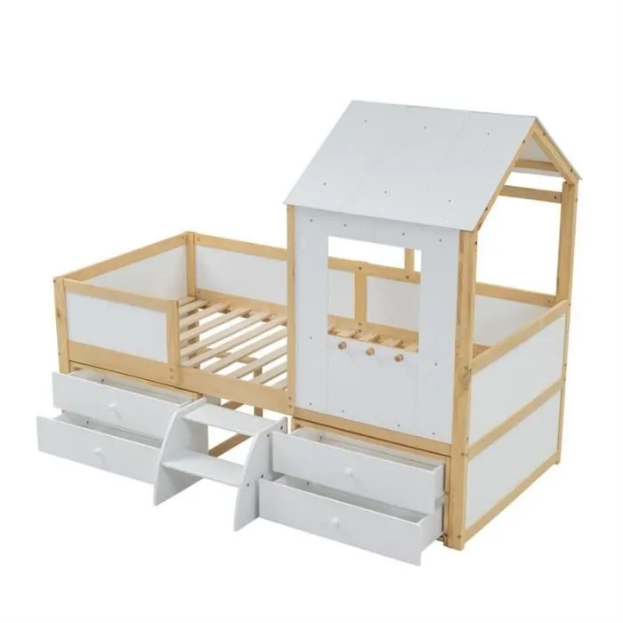 Lit cabane - Blanc + Naturel - 90x200cm - 4 tiroirs - Petit escalier - Bois massif-2
