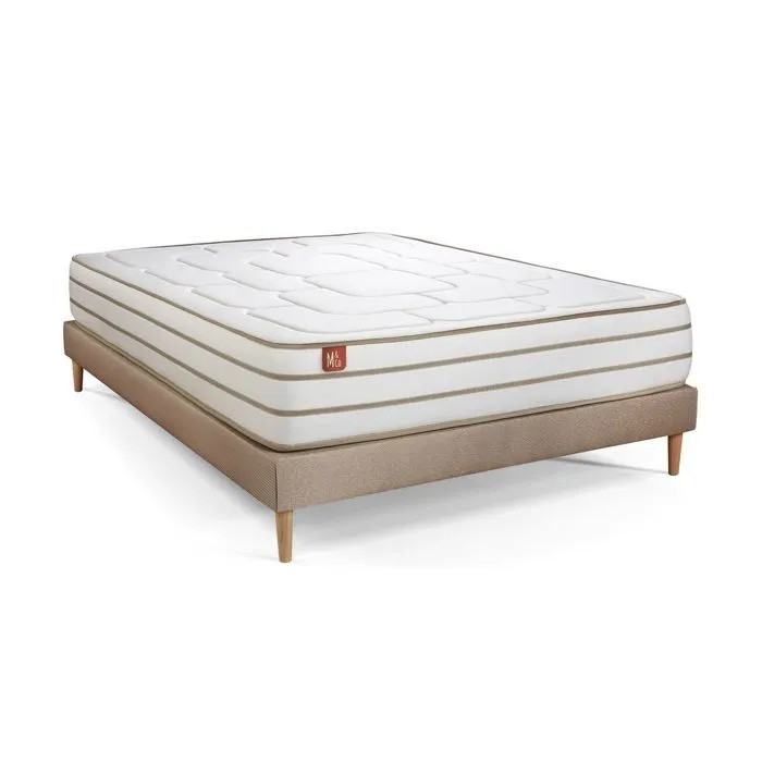 Pack matelas LE DOUILLET 140x190cm Mémoire de forme BioVisco + sommier kit Beige + 2 oreillers + couette-2