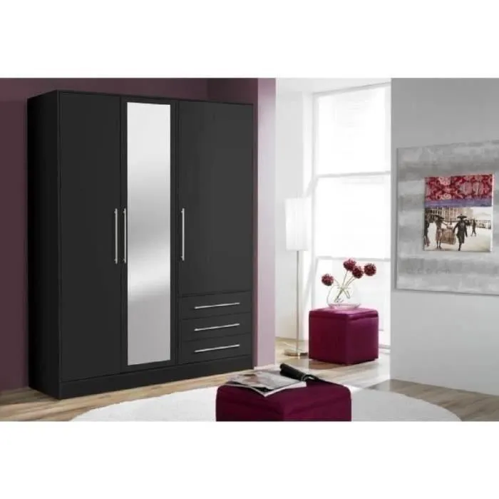Armoire 3 portes battantes avec miroir + 3 tiroirs - Bois aggloméré - Noir - L 144,6 x P 60 x H 200 cm - JUPITER-1