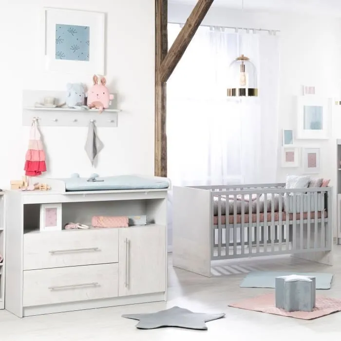 Chambre Bébé Duo Maren 2 - ROBA - Lit évolutif 70x140 - Gris clair / Chêne blanchi-1