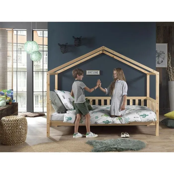 Pack - Lit Enfant Cabane & Matelas "Dallas II" 90x200cm Naturel-5