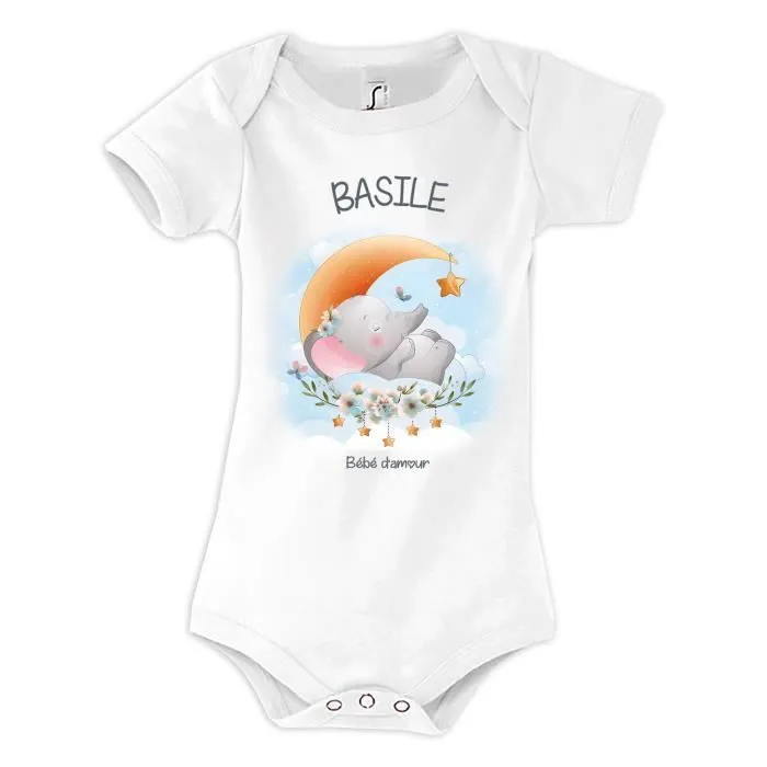 Body bébé éléphant - Basile bébé d'amour - Blanc - Un cadeau de naissance unique-0