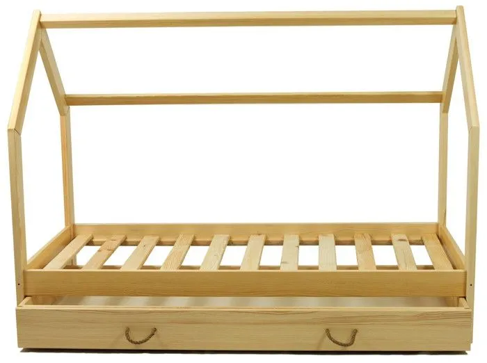 Lit Maison en bois naturel style scandinave avec Tiroir de Rangement (160x80cm) : Confort et Fonctionnalité Réunis - Bois-3