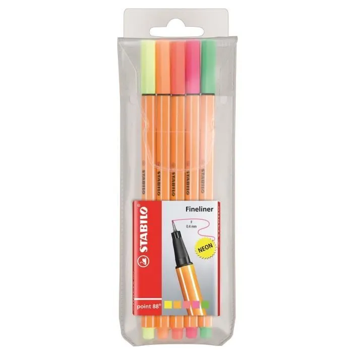 Stylo Feutre - STABILO - Point 88 - Pochette de 5 - Largeur de tracé 0,4 mm - Couleurs Fluo-0