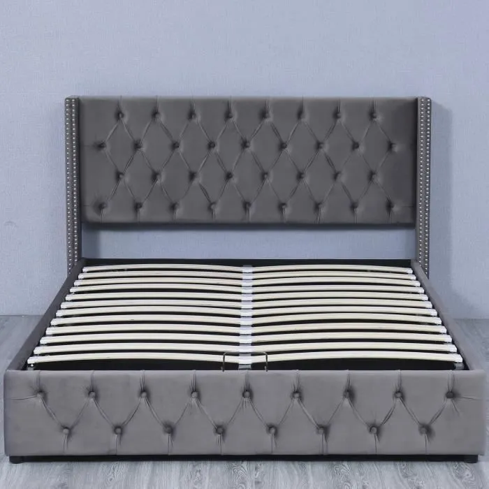 Lit coffre double 140x200 cm, lit capitonné en velours avec sommier, gris-2