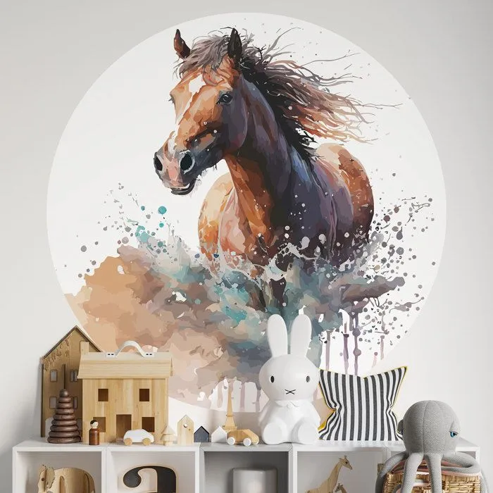 Sticker mural - Cheval - Adhésif MAT - Diamètre 90 cm - Décoration murale - Mixte-0