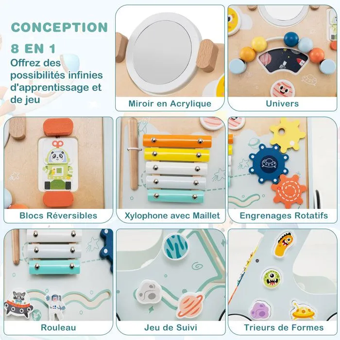 COSTWAY Trotteur Chariot de Marche sur Thème Spatial 8 en 1 avec Miroir & Perles & Xylophone, Roues, 1an+, Jouet Montessori, Vert-3